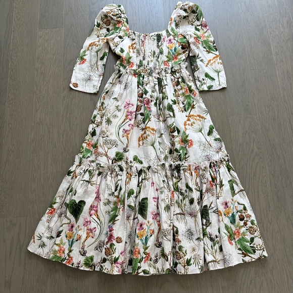 Cara Cara Blue Hill Whimsical Ivory Midi Dress Floral Linen Ruffle Tier - Size 4 - Picture 3 of 10